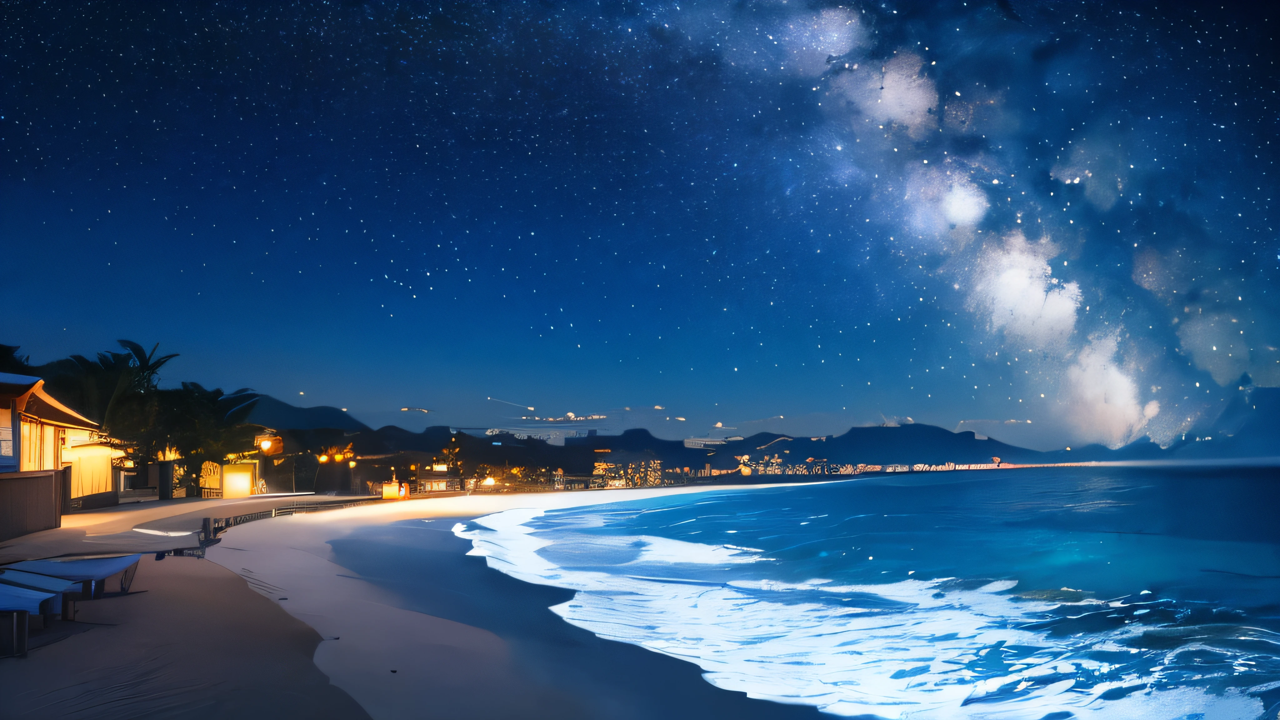 (masterpiece:1.2,Highest quality),Tropical Beach,night,Shooting with a wide-angle prime lens,Starry Sky,milky way,8k resolution