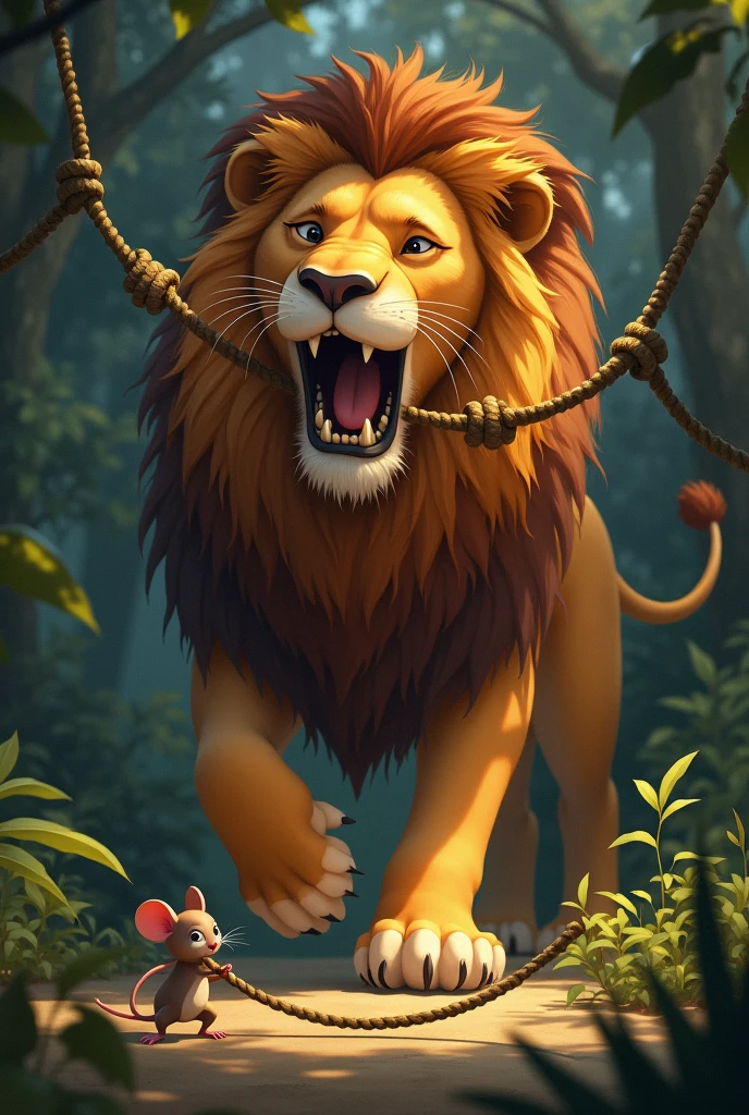 For kids story Hearing the lion’s roars, the mouse came running. "Don’t worry, I’ll help you!" the mouse said. The mouse began to chew through the ropes of the net with his sharp teeth. After some time, the ropes broke, and the lion was free.