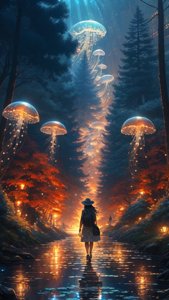 (Masterpiece: 1.2), (Best Quality), (Ultra Detailed), (8k, 4k, Complex), (Highly Detailed: 1.2), (Detailed Background), Detailed Landscape, A Girl, Walking on Water, Back View, ((neostyle)), outdoor, artist name, trees, night, watermark, architecture, landscape, city, road, cityscape, skyscraper, city lights, jellyfish forest 