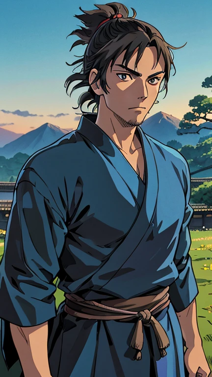 (1boy, solo, musashi miyamoto), (extremely detailed CG unit 8k wallpaper),(master part), (best quality), (ultra detail), (best illustration),(ghibli style), cowboy shot, (Sharp eyeliner, ombre, detailed eyes:1), Japanese temple, outdoors background, ,break,  (GHIBLI_Background), upper body, handsome,charismatic