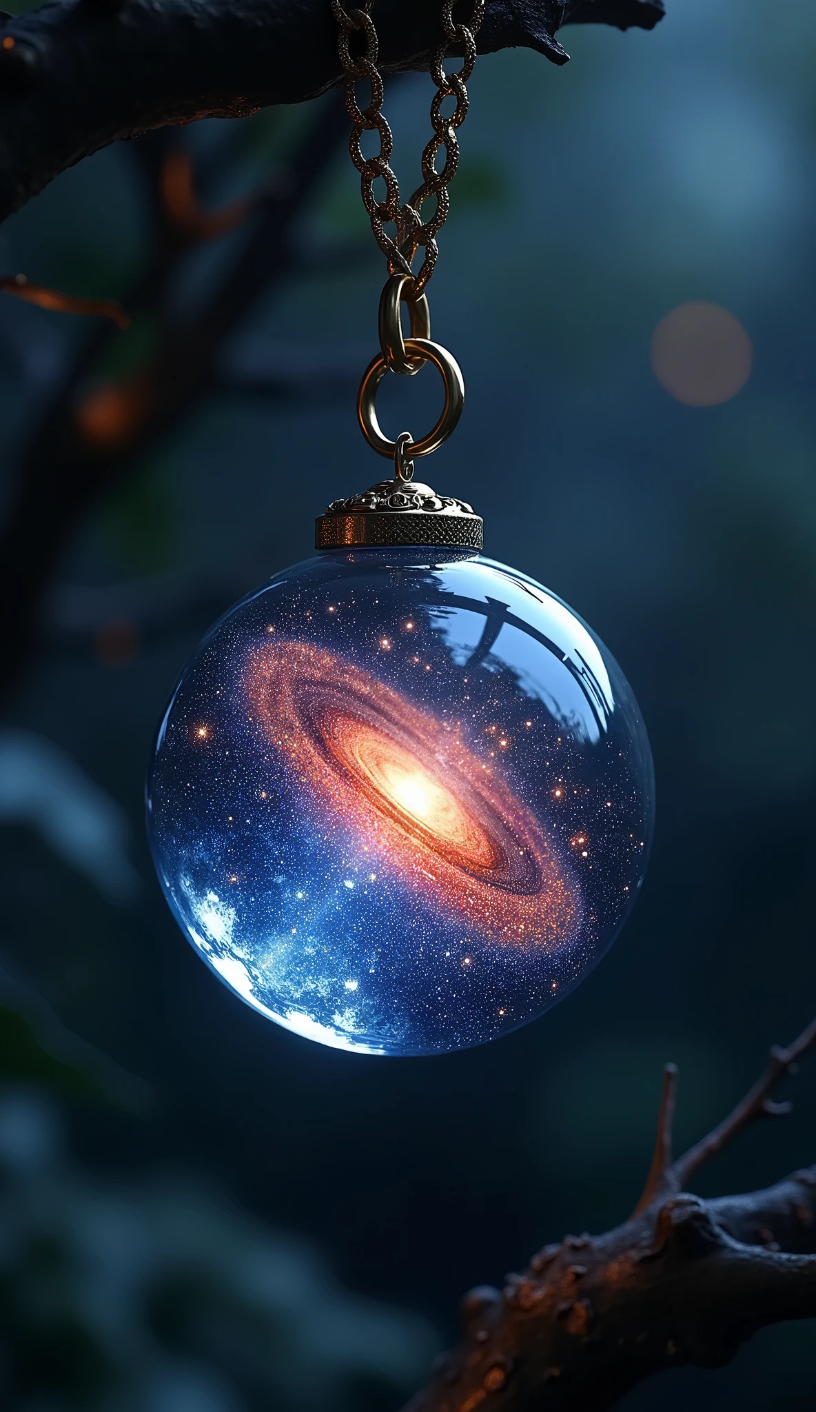 Galaxy in a glass pendant that hangs on a chain. Dark scene,