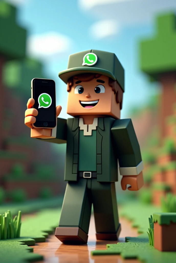 A guy holding a cell phone showing the WhatsApp logo but in the world of Minecraft, improve in everything, put on a whatsapp cap, make him well dressed, Make him happy