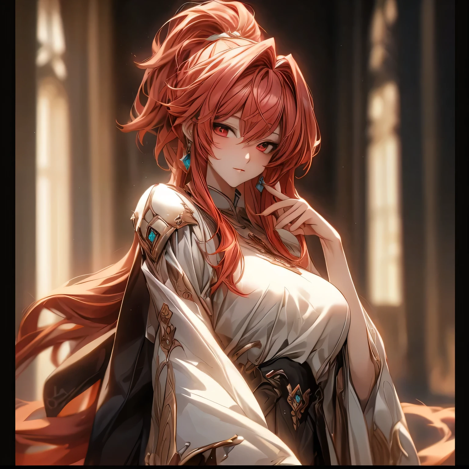 (best quality)), ((Masterpiece)), (details:1.4), 3d, HDR (high dynamic range), an image of a beautiful cyberpunk female, Red hair, High ponytail, Red eyes, จมูกโด่ง, ปากแดง, หน้าอกใหญ่, nvidia RTX, PBR surface, After processing, Anisotropic filtration,depth of field, Maximum clarity and clarity, multi-layered surface, Subsurface scattering, perfect proportions, 8K raw files, ultra detailed, Perfect proportions, volumetric lighting, soft lighting, Holy paladin, Light Armor, glossy skin, castle background, jewely, ต่างหู, นิ้วมือสมบูรณ์,