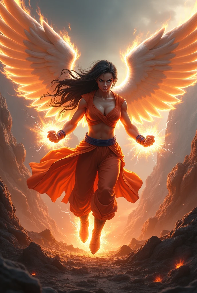Goku girl sexy body human hell background Angel wings angry face fighting pose ultra instinct Ora 