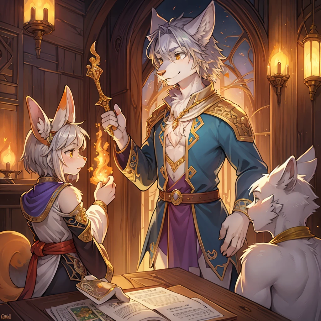 Mucha style , Adventure fantasy, the magician old silver wolf , with the droopy-eared swordsman orange rabbit girl , The Swordsman supports the Magician while he is casting a spell.