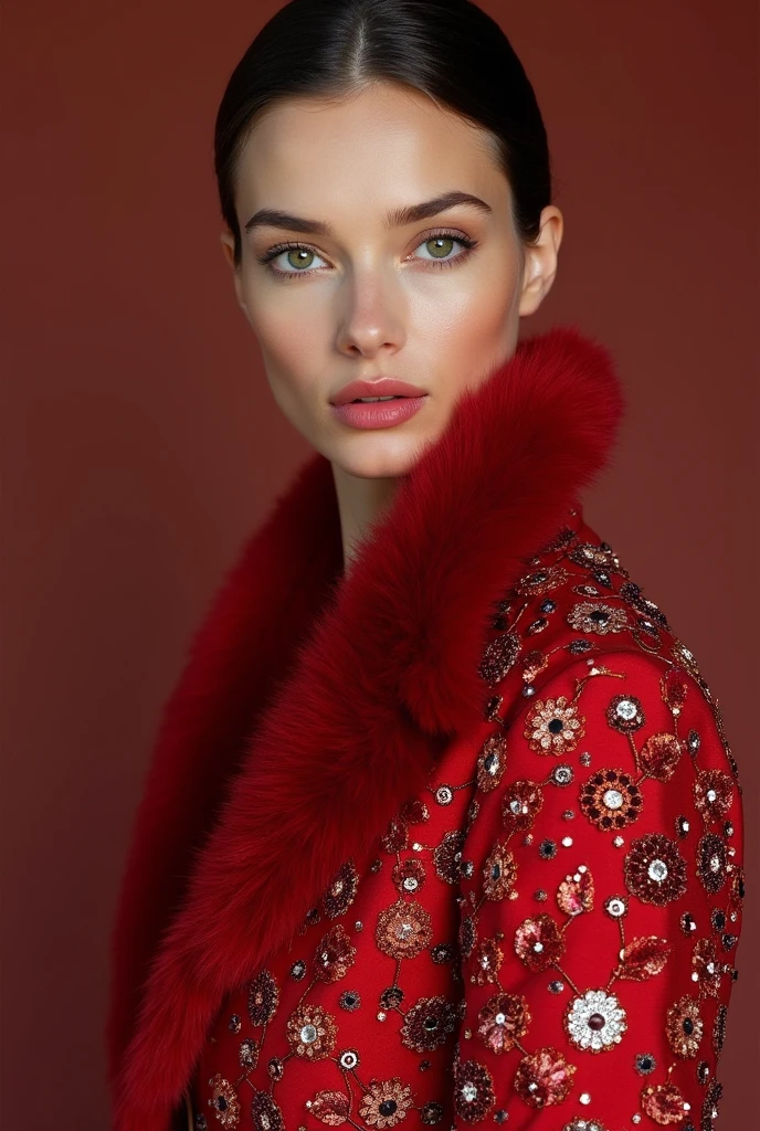 European woman model wearing red floral rhinestone coat