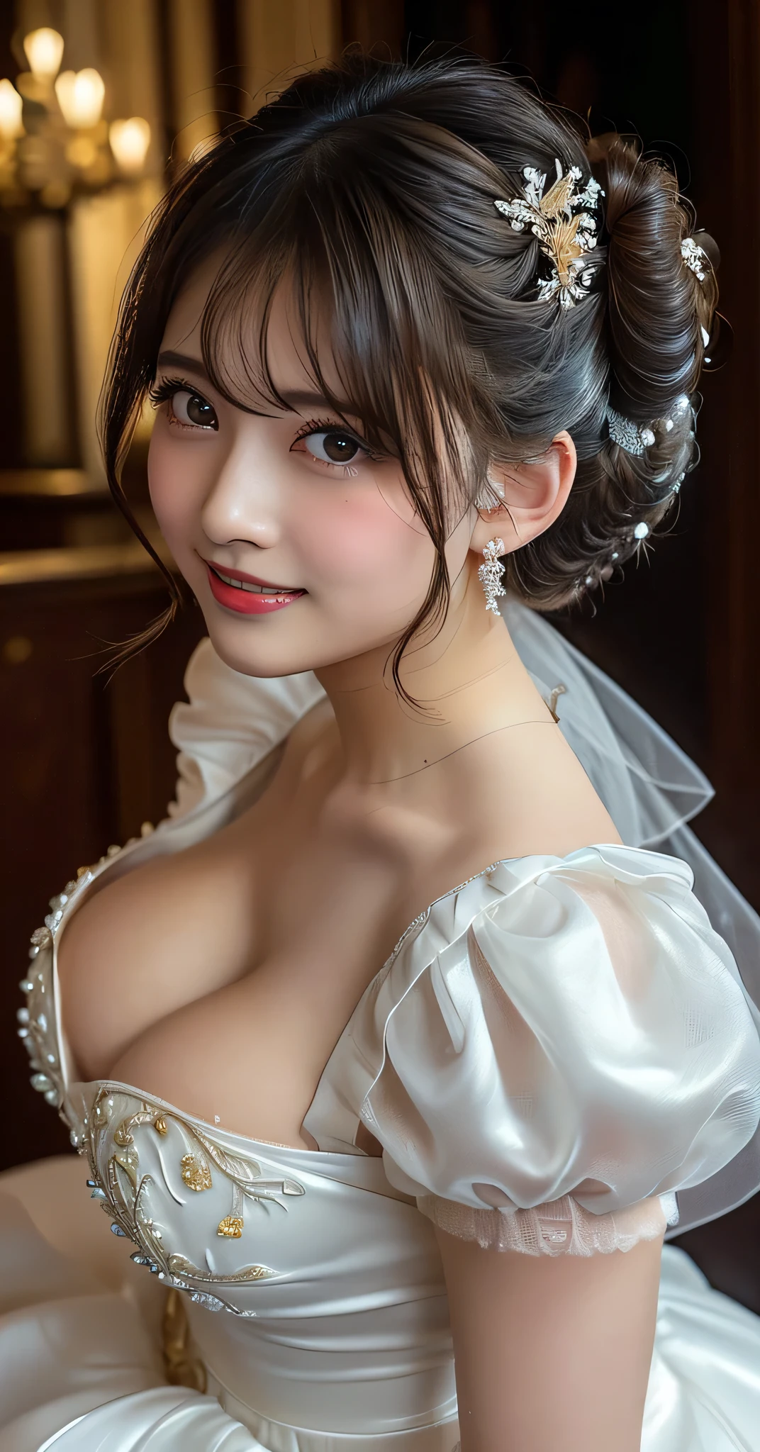 (8k,RAW Photos,Like the picture:1.45),masterpiece,Highest quality,wonderful,(Sexy Mature Woman:1),(Mature Woman:1.3), (3 woman.1.3)、(((very, very big)))、(((Extremely lewd and very huge boobs)))、(((Very deep cleavage)))、Hyper Real、In the lounge of a luxury hotel、An extremely beautiful and dignified smile、Extremely beautiful white skin、Extremely beautiful, delicate and precise skin texture、With long, fluffy, gorgeous brown hair((updo:1.95))、Extremely beautiful women of Japan、(BIG ASS)、Thick thighs、Bright red lips、Gold earrings、Gold bracelet、Gold Necklace、(Super Detail),((Very delicate and beautiful)),Focus on the characters,Dynamic Angle,looking at onlookers with an intensely lewd gaze,((alone)),Are standing,((Extremely obscene whole body)),((a princess wearing a wedding dress that's a gorgeous evening gown with voluminous skirts)),((Smiling beautiful bride)),Detailed, Big smile and eyes,Jewel-like eyes,((Very long and voluminous hair)),Gorgeous embroidery and lace,((Gorgeous corsage)),See through,(Gorgeous Jewelry Ornaments),Luxury Hair Accessories,Gorgeous jeweled tiara,Gorgeous frills,((Very lewd face and huge breasts)),indoor,extremely obscene church wedding,((Extremely obscene whole body)),Hoop skirt,crinoline,very long wedding veil,(((a mix of a bejeweled wedding dress and a luxuriously embroidered rococo ball gown))),