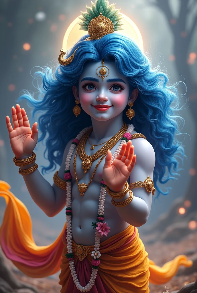 A young Lord Krishna with long, flowing curly hair in a vibrant blue hue. He has a radiant and beautiful smile on his face, exuding warmth and divinity. With one hand, he offers a blessing, while in the other, he firmly holds the Sudarshan Chakra, symbolizing his power and protection. The scene draws inspiration from the majestic Virat Swaroop form of Krishna, reflecting both his serene grace and formidable strength.