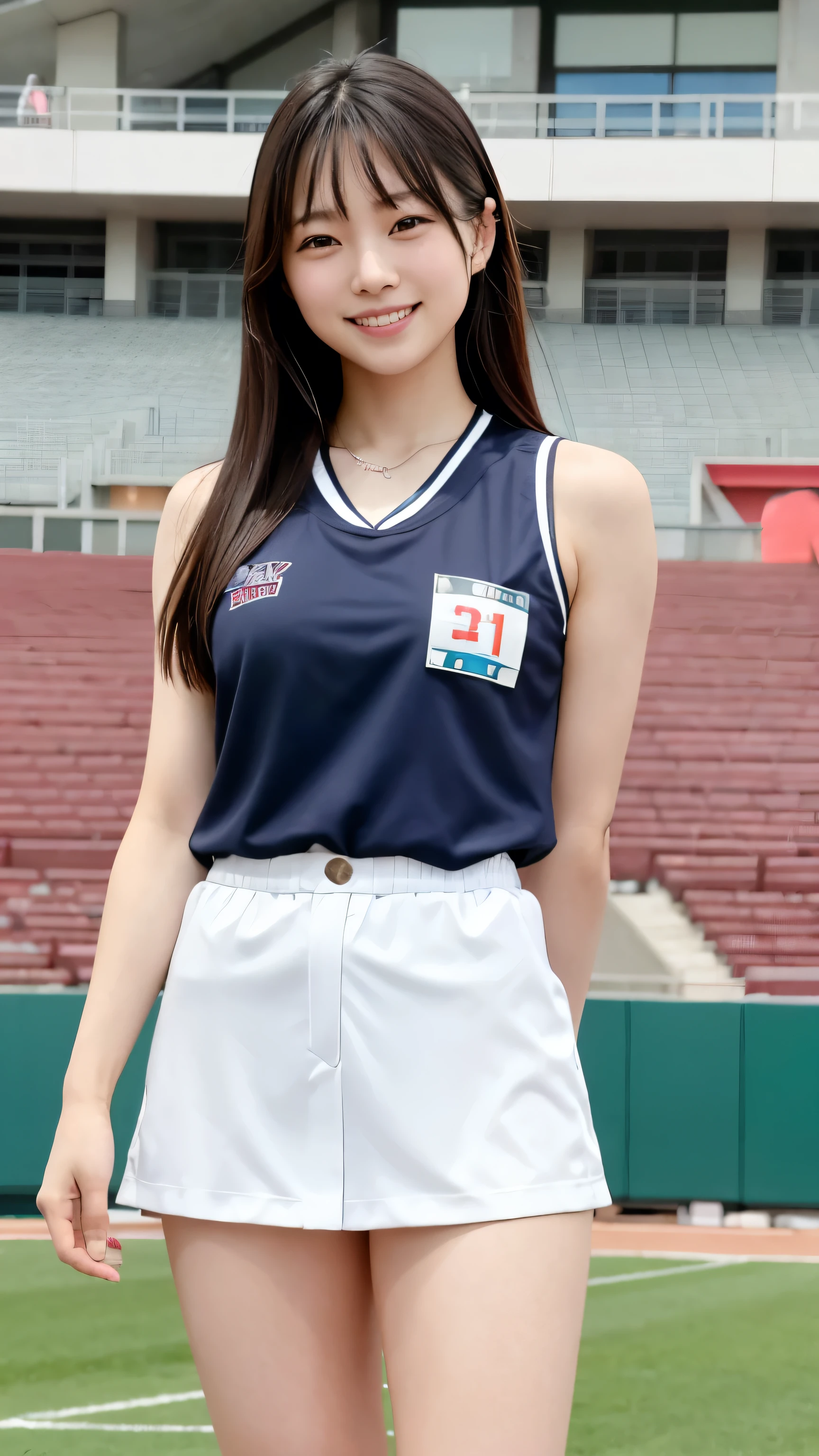 Highest quality、Realistically、Radiant Skin、Japanese women、Around 20 years old、Gravure idol、Athletics stadium with spectators、Track competitions、Bib number with only Roman numerals、Uniforms with manufacturer logo、Pose with a smile、