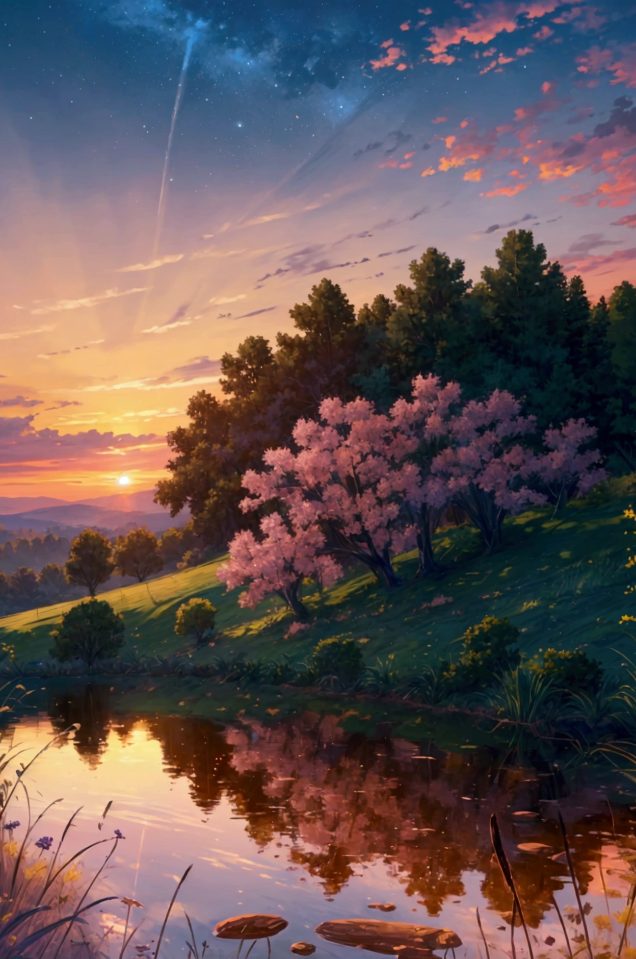 An awe-inspiring ultra-high-definition 4K digital painting capturing the serene beauty of a classic car parked atop a picturesque hill at dusk. The car, polished to a mirror-like finish, reflects the warm hues of the setting sun as it casts a golden glow over the surrounding landscape. The hill is covered in lush, green grass that sways gently in the evening breeze, dotted with wildflowers that add pops of color to the scene. 

In the distance, rolling hills stretch out towards the horizon, gradually blending into the soft purples and blues of the twilight sky. The sky itself is a masterpiece of color, with streaks of orange, pink, and lavender painting a breathtaking backdrop as the sun dips below the horizon. A few wispy clouds catch the last light, adding depth and dimension to the sky. 

The car, perfectly positioned to take in the panoramic view, exudes a sense of calm and quiet solitude, as if inviting the viewer to pause and take in the beauty of the moment. The overall scene is rich with intricate details, from the textures of the grassy hill to the subtle reflections on the car’s surface, capturing the tranquil yet majestic atmosphere of a peaceful evening in nature.