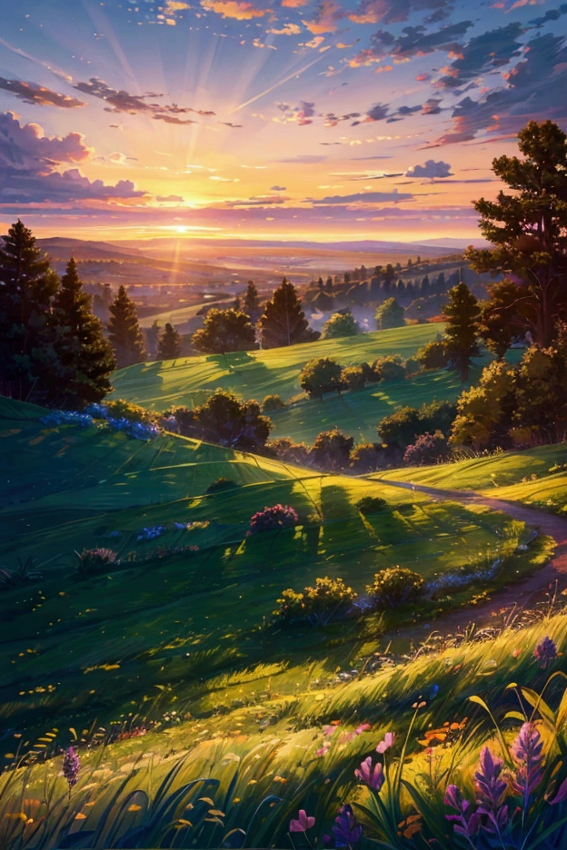 An awe-inspiring ultra-high-definition 4K digital painting capturing the serene beauty of a classic car parked atop a picturesque hill at dusk. The car, polished to a mirror-like finish, reflects the warm hues of the setting sun as it casts a golden glow over the surrounding landscape. The hill is covered in lush, green grass that sways gently in the evening breeze, dotted with wildflowers that add pops of color to the scene.
In the distance, rolling hills stretch out towards the horizon, gradually blending into the soft purples and blues of the twilight sky. The sky itself is a masterpiece of color, with streaks of orange, pink, and lavender painting a breathtaking backdrop as the sun dips below the horizon. A few wispy clouds catch the last light, adding depth and dimension to the sky.
The car, perfectly positioned to take in the panoramic view, exudes a sense of calm and quiet solitude, as if inviting the viewer to pause and take in the beauty of the moment. The overall scene is rich with intricate details, from the textures of the grassy hill to the subtle reflections on the car’s surface, capturing the tranquil yet majestic atmosphere of a peaceful evening in nature.