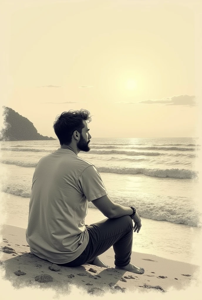 Man sketch sit on seasore  evening 