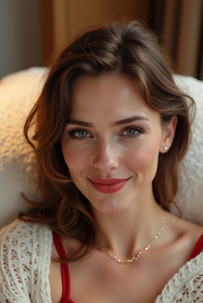Selon le même visage génère moi une femme assise sur un canapé ou l'on peut apercevoir ses cuisses mais pas ses jambes. Dans une ambiance naturelle , une chambre au style scandinave. La photo doit être en qualité 8K. Elle sera en sous-vêtements rouge avec un sourire aguicheur