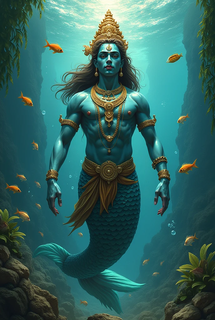 Lord vishnu matsya avatar with half human and half fish

