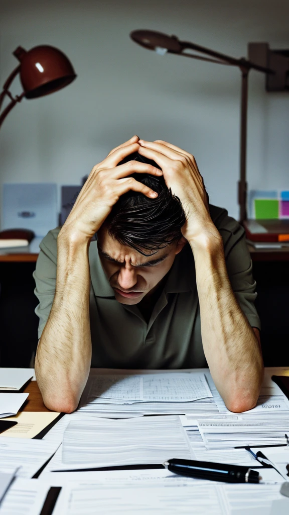 High resolution, masterpiece, accurate, Anatomically correct, Highest quality, High-resolution model, Ultra high definition, One man, A painful face, A pile of papers on the desk, Holding his head, office