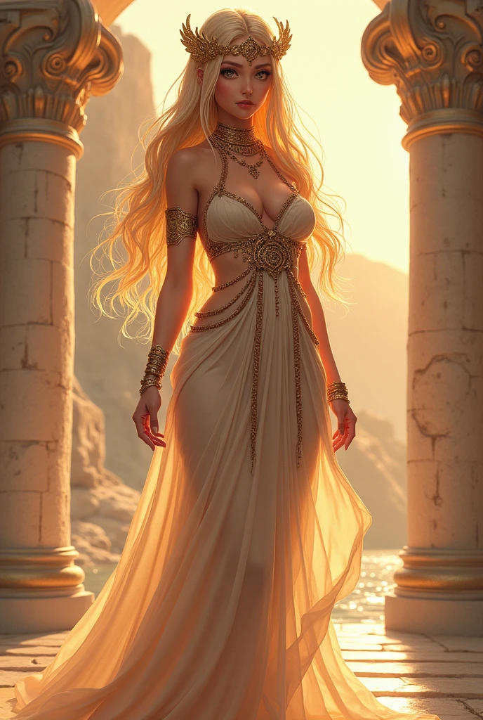 A beautiful young Greek princess with long blonde hair, piercing eyes, elegant facial features and a serene expression (anime style), detailed face and body, intricate jewelry and ornate dress, standing in a mythical Greek landscape, warm color palette, high detail, lighting, masterpiece, full body, seductive, erotic, hot, big breasts.