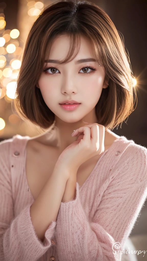 (8K, High resolution, High resolution), ((((photograph, RAWphotograph, Hyperrealism, masterpiece, Highest quality, ultra High resolution,Full body photography,Japanese)))), (Pin Light, Backlight, Backlight, Cinematic Light), Sharp focus:1. 4, (Hyper Detail, In detail), hull body shooting, close, 1 girl, Oval Face, big, Beautiful cat-like eyes, Cute Button Nose, Small and fairly full lips, Thick eyebrows and long, beautiful eyelashes. Transparent throughout makeup, Apply a touch of pink to your cheeks、Lip gloss makes it sparkle. Hairstyle: short golden hair.Nightclub.