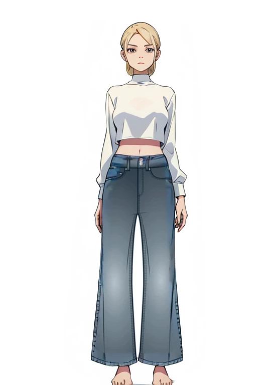 barefoot woman with a jean and a long-sleeved crop top