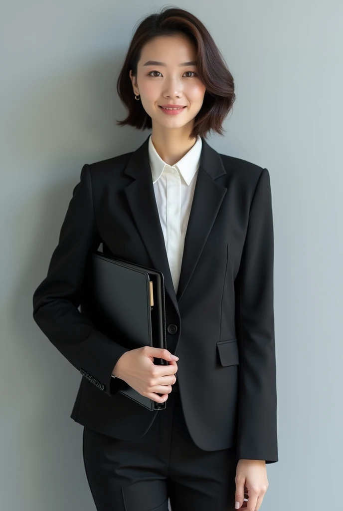 A 2 Japanese woman is standing with a black binder under her arm、Black suit、Businessman、The whole body is shown、The eyes are double、Shortcuts、Not facing the front