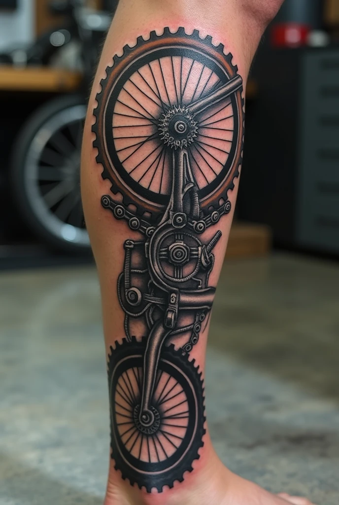 Create an image with the following information: a tattoo that turns your leg into a cycling machine. From the thigh, the design starts with a gear and chain linkage, representing the hip and the connection with the pedal stroke. going down the leg, the gears connect to a chain that snakes up to the knee, where ligaments are replaced by more gears and screws. The shin transforms into a bicycle frame structure, with tubes and rods that follow the natural contour of the leg. In the calf, a stylized pedal can be incorporated, with details such as screws and nuts that complement the mechanical design.
The ankle can be drawn as the axle of a wheel, with rays extending towards the foot. The entire design creates the illusion that the leg is part of a bicycle, mixing the organic with the mechanical.