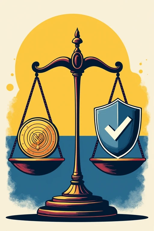 A digital illustration of a balance scale. On one side, the Worldcoin logo; on the other, a shield representing data protection. The scale is tipping towards the data protection side. Background shows the Colombian flag.