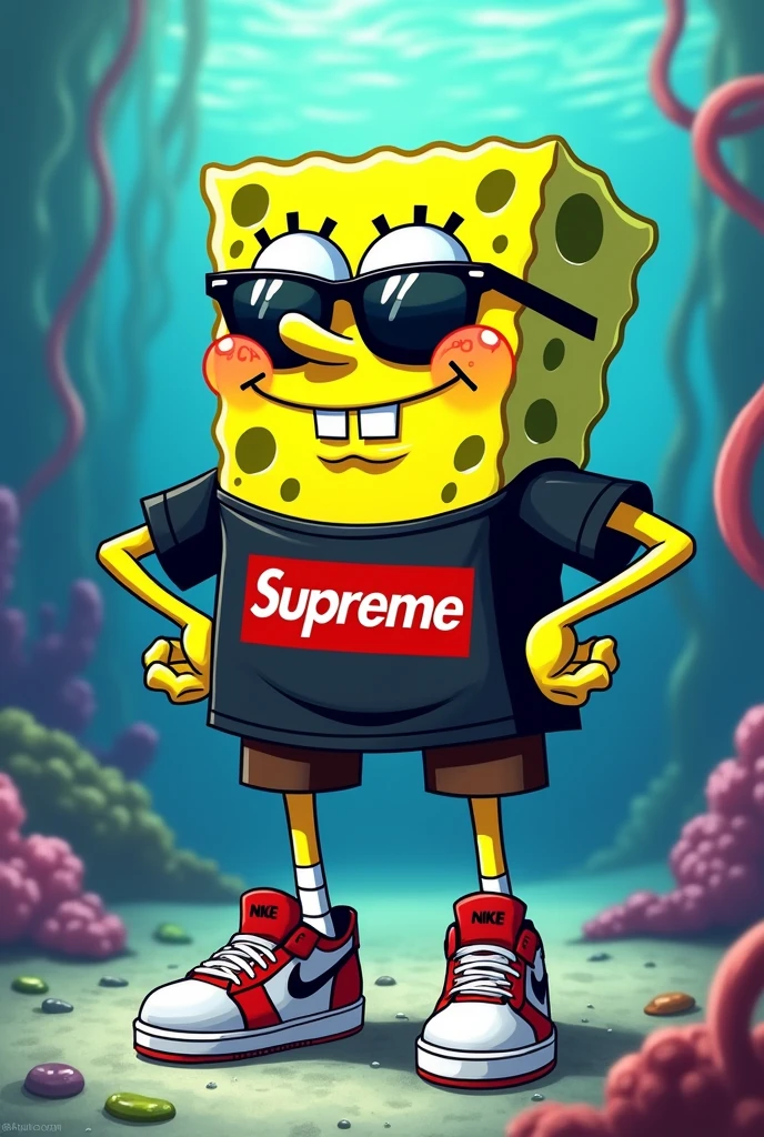 SpongeBob squarepants but with supreme drip shirt and Nike shoes and shades and he will said " Nah I'd win" ( gojo satoru manga meme reference)