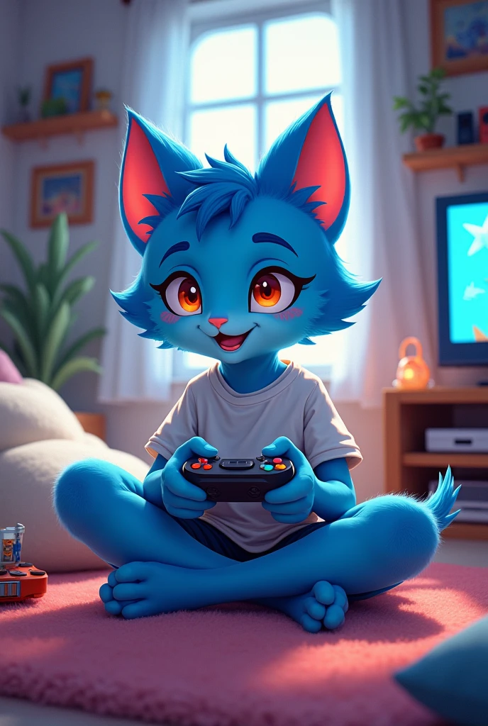 Draw a blue cat boy playing game