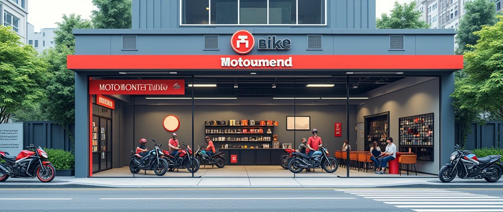Generate a realistic, horizontally shop width lenthy more more expended part by part room 1 part Service point, 2 part waiting room, 3 part payment reciption same floor extended image of a one-floor bike servicing center named 'MotoMend Studio' in a roadside city area. The design should clearly show three sections: a service point with three mechanics working on bikes visible through a glass front, a customer waiting room with comfortable seating and customers waiting, and a reception area on one side. Also, include a corner with a showcase wall displaying parts, helmets, and engine oil. The center should be clean, organized, and modern. The exterior should feature a well-paved road, a few trees, and surrounding buildings, creating a lively city atmosphere. The 'MotoMend Studio' branding should be prominently displayed on the glass door and signage one floor and one side customer wait in sofa hand tea
