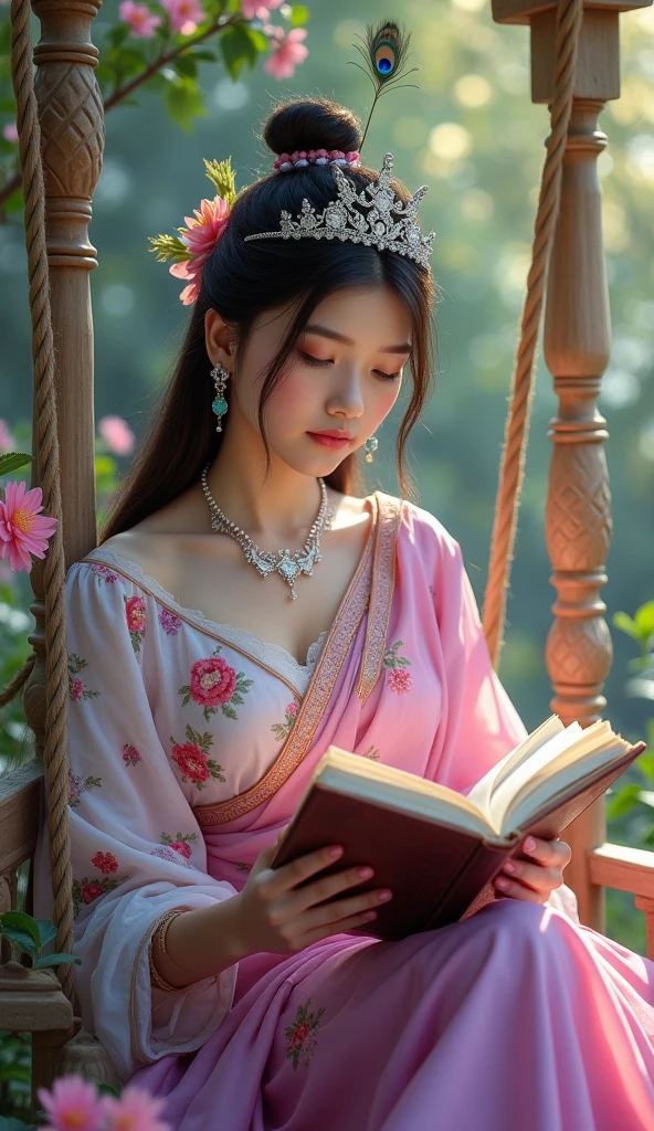 Full closeup, young woman, sitting under castle swing with crafted four pillars surrounded flowers garden, reading book, silver tiara crown with a single peacock feather in front crown, wearing a bright pink and levender silk floral embroidery sari, innocent, female, wearing silver ornaments Colorfull gemstone, beautiful and delicate, dark blonde browen black shiny hair, White skin, open eyes, eye natural color, expression of peace and happiness, very saturated colors, front face