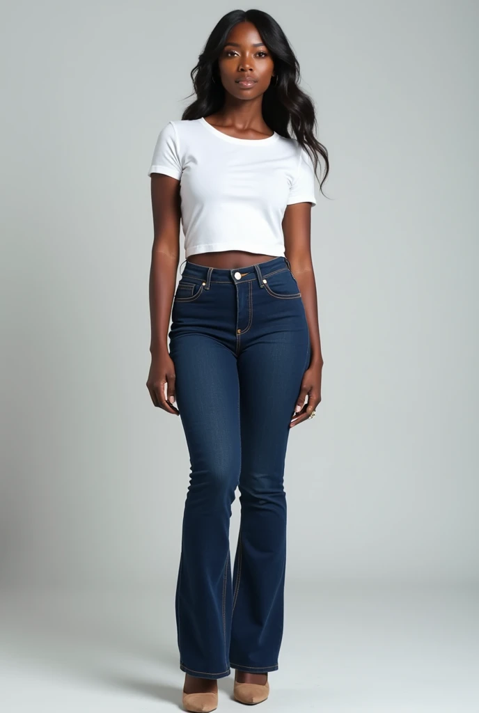 image captured with a Sony α7 III camera, full body shot, sex figure with a perfect hourglass body shape, young Black woman early 20's, bootcut jeans in dark Blue color, fitted waist tee in white color, standing straight, light brown high heels, light gray background.