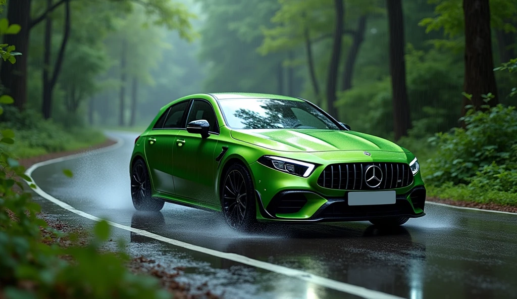 Mercedes benz amg a 200, green colour on the road of forest with rain