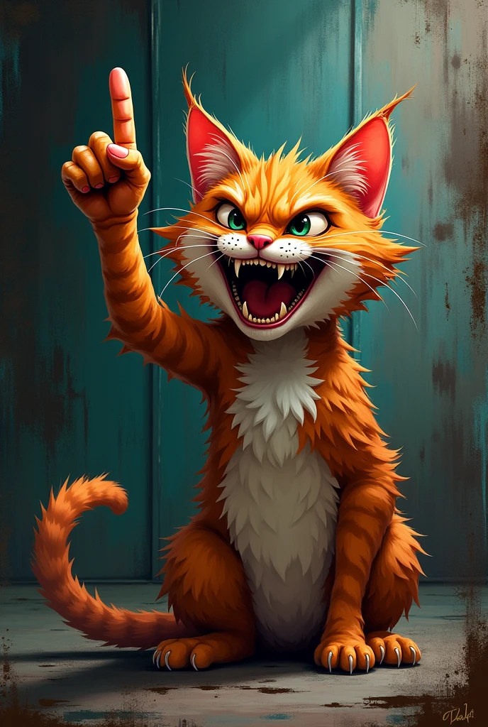 A cat agressive, egocentric and rock n roll actitude giving the middle finger or flipping the bird