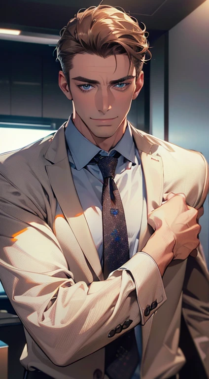 (best quality,4k,8k,highres,masterpiece:1.2),ultra-detailed,(realistic,photorealistic,photo-realistic:1.37),1 man,3,mature man,very handsome,without expression,smile,short grey brown hair,blue eyes,penetrating gaze,perfect face without errors,imposing posture,businessman,office background,cinematic lighting,hdr image