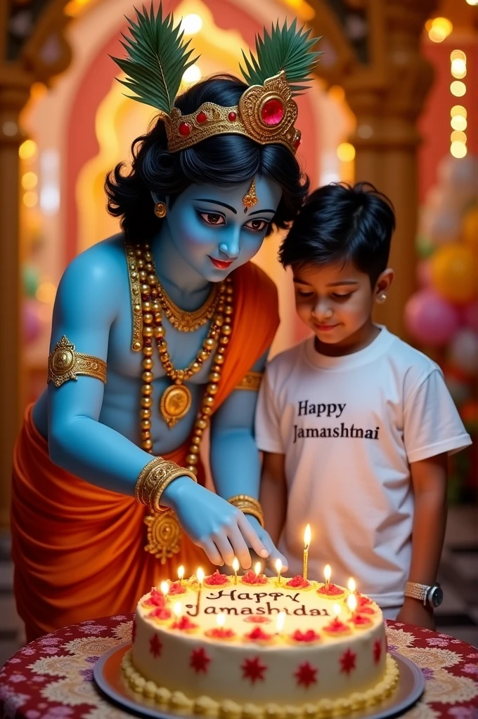 A real image shows Lord Krishna cuttings a birthday round cake on the table which has "Happy Janmashtami" clearly written in big letters, and standing next to him is a real 1 boy wearing like a white T-shirt which has "Anil sharma" clearly written on it, the boy is wearing a watch bracelets, stylish black hair, the two are in a love temple, the temple is decorated with beautiful lights and balloons