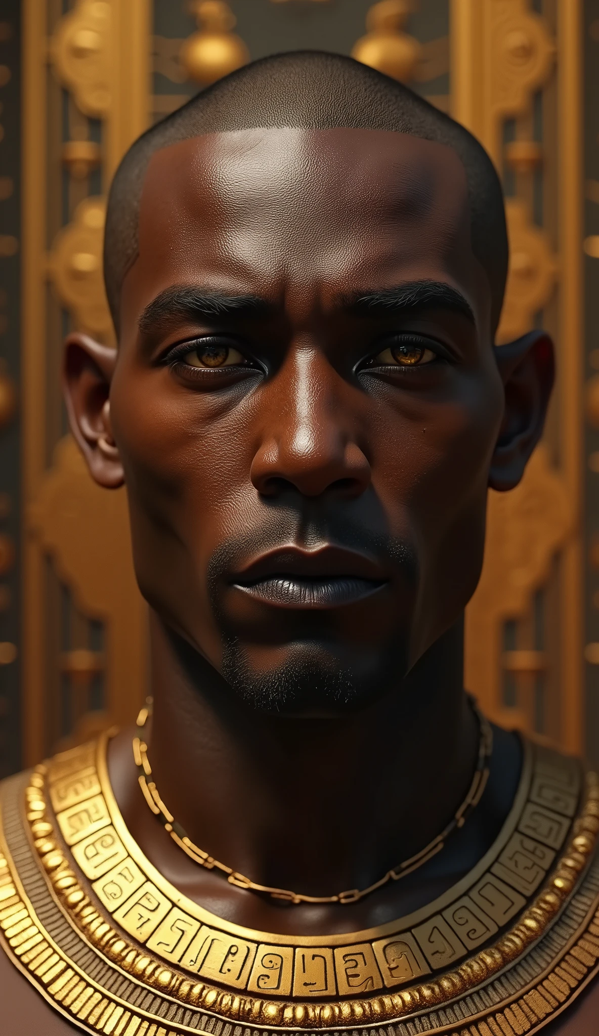 Generate a close-up portrait of Atum, the primordial deity with dark brown skin, golden eyes, and a clean-shaven head. His expression should convey authority and creativity, with detailed traditional Egyptian attire and gold accents. Use Egyptian symbols in the background to enhance the thematic depth. Use masterpiece, best quality, CG, wallpaper, HDR, high quality, ultra detailed face, cinematic, high detail, 8k, raw, high, artstation HQ, unreal engine, octane renderer, 4k resolution, hyperrealistic, highly detailed, and absurdres settings