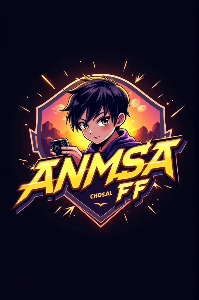 This is a gaming logo that features the name "Anm
MSA FF " in a futuristic font and a neon Golden color. and Boy Anime avtar, The logo also has a stylized controller icon. The logo is designed to be attractive and eye-catching, and to appeal to gaming enthusiasts and