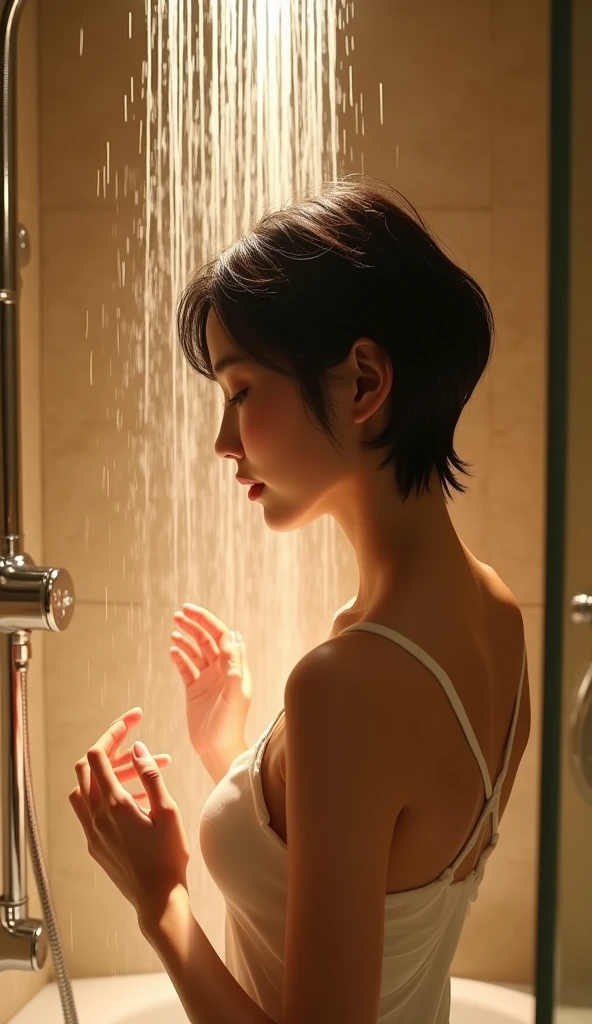 (1girl, Japanese, 4, short black hair, (washing hair), in luxury city hotel shower room, (warm lighting:1.3))
