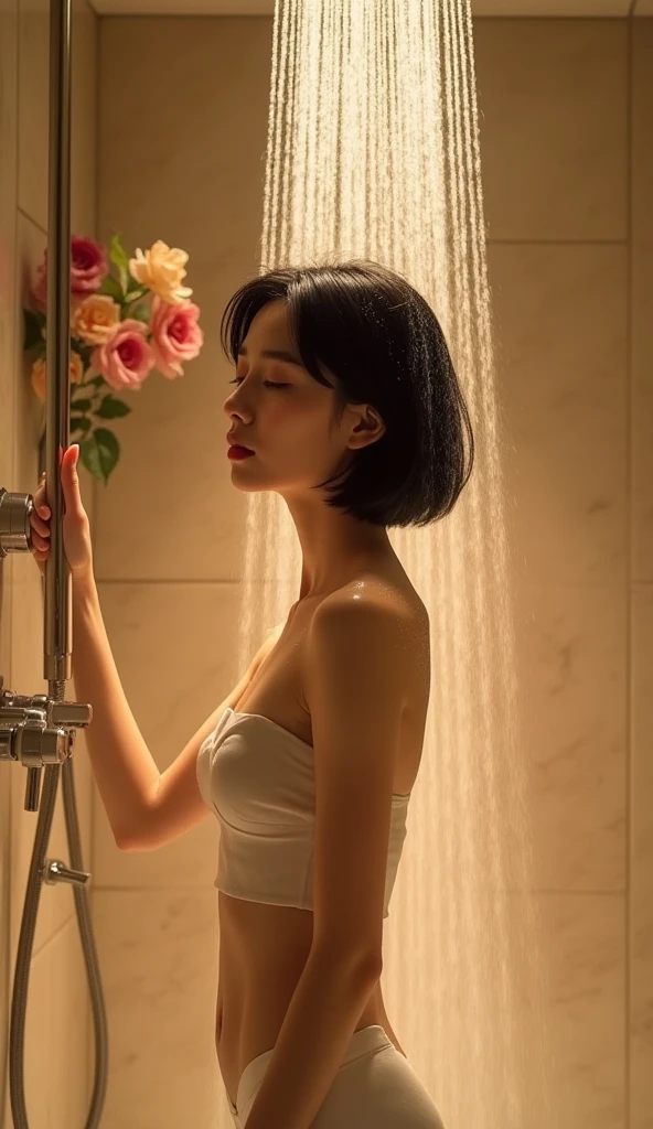 (1girl, Japanese, 4, short black hair, (washing hair), in luxury city hotel shower room, (warm lighting:1.3))
