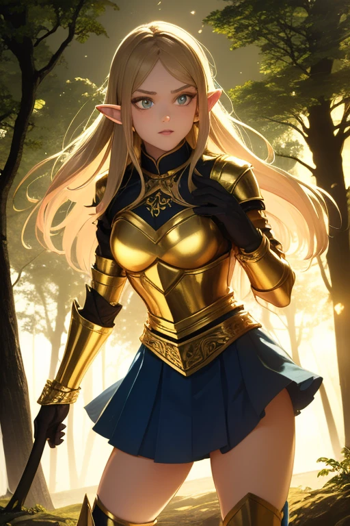 Elf woman, glowing in golden colours, wearing a golden metallic armour, short blue skirt, long blonde hair, outdoors in forest, fierce looking, soft lighting, battle pose, realistic, intricate details, warm colors