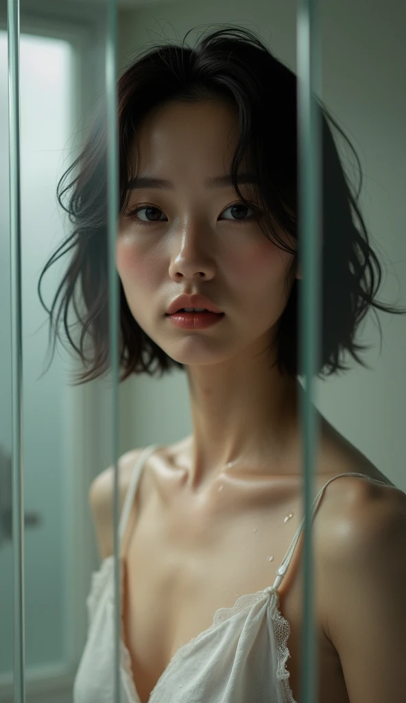(Best quality, Japanese woman, 4, short black hair, (standing behind glass), luxury hotel shower room, (wet skin:1.2))
