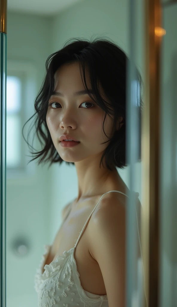 (Best quality, Japanese woman, 4, short black hair, (standing behind glass), luxury hotel shower room, (wet skin:1.2))