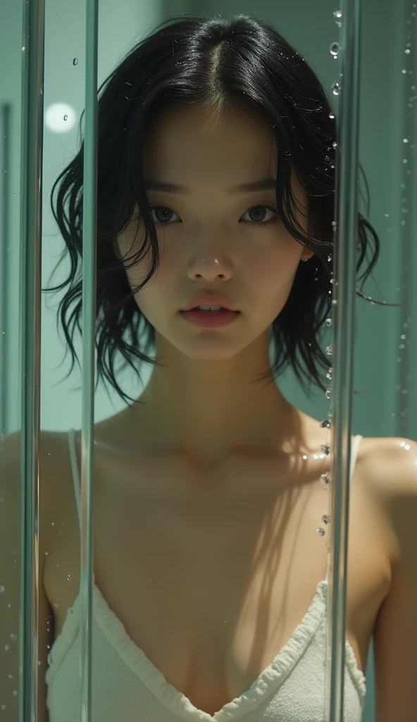 (Best quality, Japanese woman, 4, short black hair, (standing behind glass), luxury hotel shower room, (wet skin:1.2))