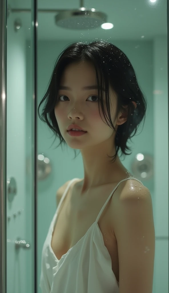 (Best quality, Japanese woman, 4, short black hair, (standing behind glass), luxury hotel shower room, (wet skin:1.2))