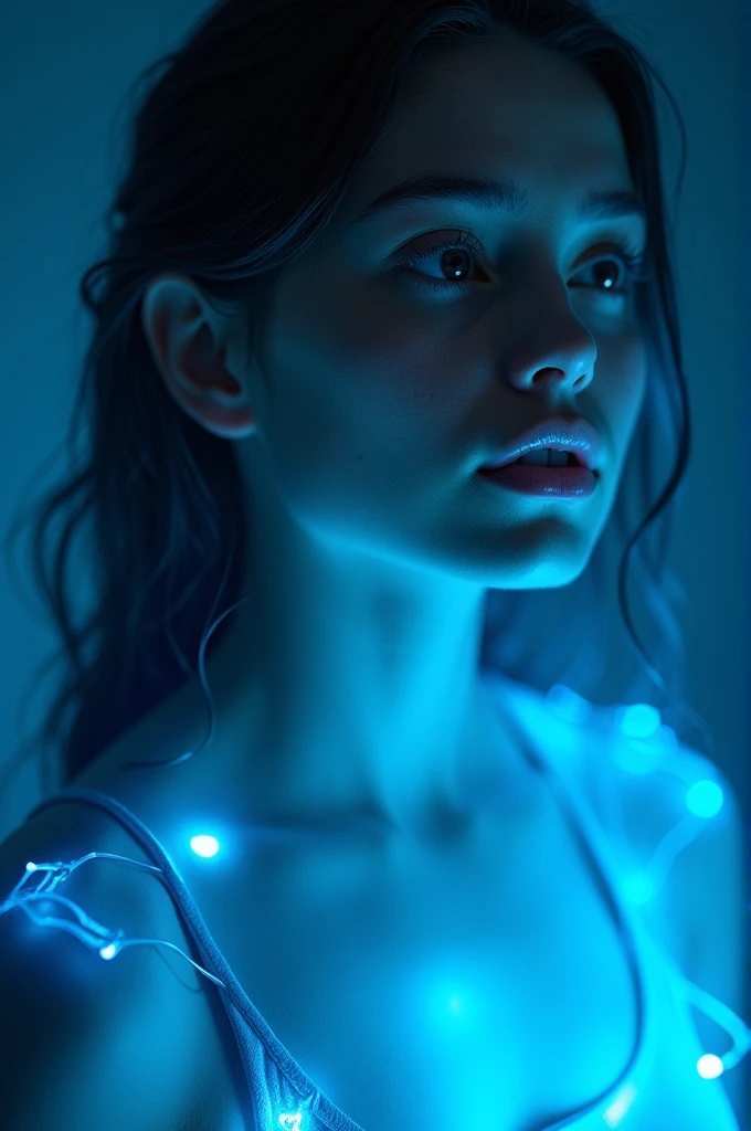 A closeup of a woman in a blue tank top with glowing neon blue aura