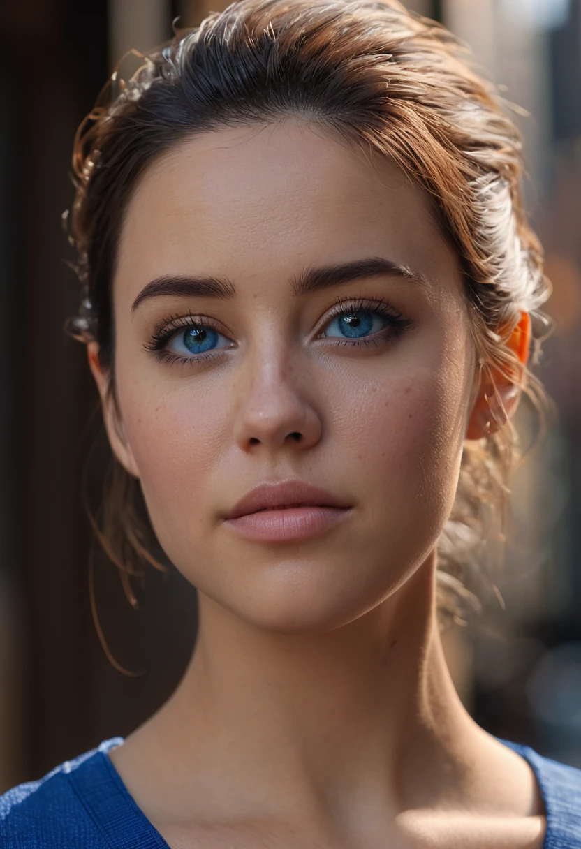 Full shot of America lady, short, blue top, posing, blue clothing, full body, detailed background, ultradetailed, HD, 8K, highlights, good lighting, nostalgia , light bright brown eye, Professional high detail photography, detailed skin, textured skin, skin pores, skin details, ((detailed pupils)), high details, photorealistic, sharp focus, nikon d7500 24mm, f/1.4, ISO 100, 1/ 1600s, UHD k, RAW, unedited photography, depth of field, bokeh, dramatic 