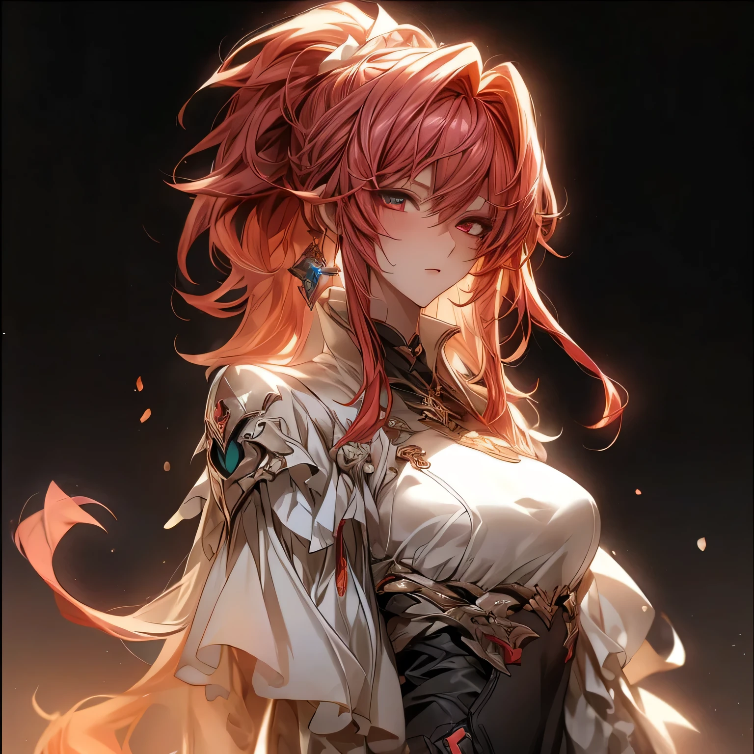(best quality)), ((Masterpiece)), (details:1.4), 3d, HDR (high dynamic range), an image of a beautiful cyberpunk female, Red hair, High ponytail, Red eyes, จมูกโด่ง, ปากแดง, หน้าอกใหญ่, nvidia RTX, PBR surface, After processing, Anisotropic filtration,depth of field, Maximum clarity and clarity, multi-layered surface, Subsurface scattering, perfect proportions, 8K raw files, ultra detailed, Perfect proportions, volumetric lighting, soft lighting, Holy paladin, Heavy black Armor, glossy skin, castle background, jewely, ต่างหู, นิ้วมือสมบูรณ์,