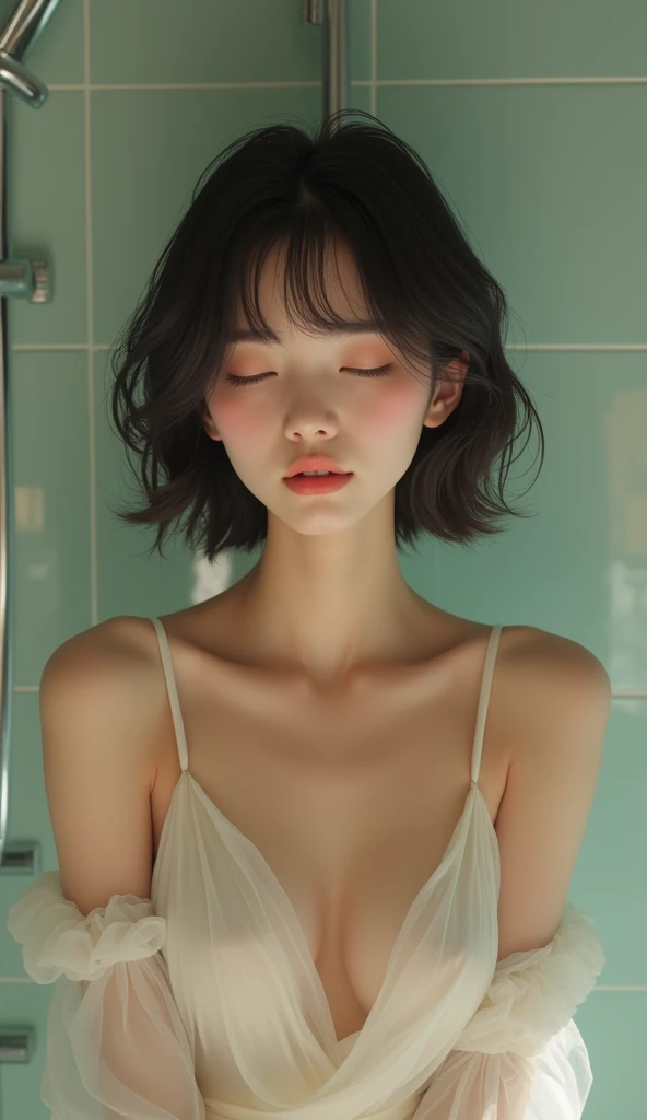 (masterpiece, 1girl, Japanese, 4, short black hair, (relaxed expression), in luxury hotel room shower, elegant lighting)
