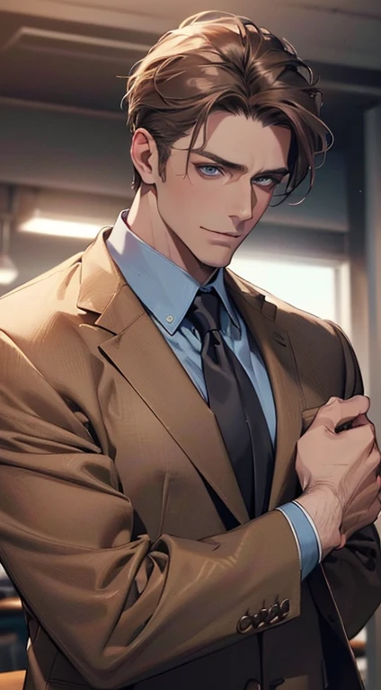 (best quality,4k,8k,highres,masterpiece:1.2),ultra-detailed,(realistic,photorealistic,photo-realistic:1.37),1 man,3,mature man,very handsome,without expression,smile,short grey brown hair,blue eyes,penetrating gaze,perfect face without errors,imposing posture,businessman,office background,cinematic lighting,hdr image