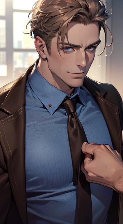 (best quality,4k,8k,highres,masterpiece:1.2),ultra-detailed,(realistic,photorealistic,photo-realistic:1.37),1 man,3,mature man,very handsome,without expression,smile,short grey brown hair,blue eyes,penetrating gaze,perfect face without errors,imposing posture,businessman,office background,cinematic lighting,hdr image