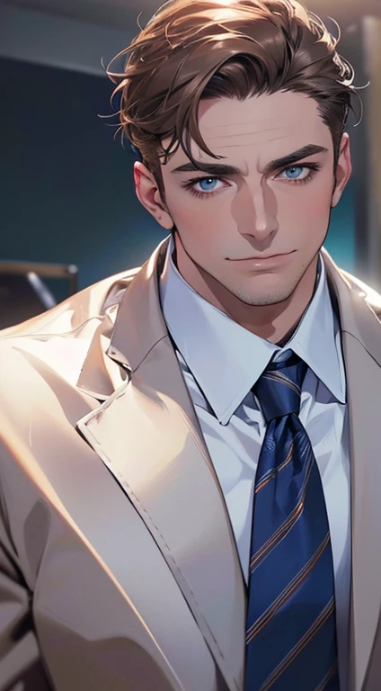 (best quality,4k,8k,highres,masterpiece:1.2),ultra-detailed,(realistic,photorealistic,photo-realistic:1.37),1 man,3,mature man,very handsome,without expression,smile,short grey brown hair,blue eyes,penetrating gaze,perfect face without errors,imposing posture,businessman,office background,cinematic lighting,hdr image